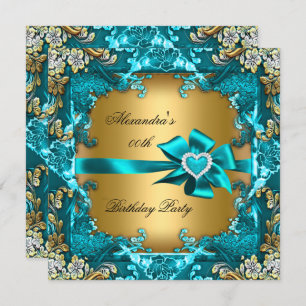 Invitation Élégante fête d'anniversaire Turquoise Blue Gold F