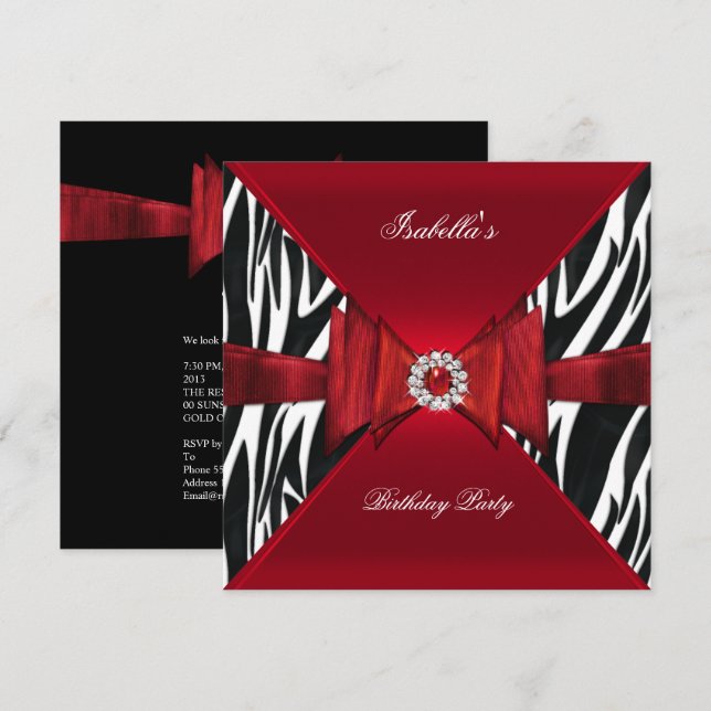 Invitation Elégante fête d'anniversaire Zebra Red Black Diamo (Devant / Derrière)