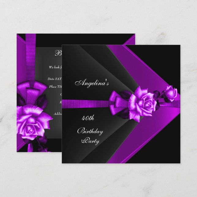 Invitation Élégante fête de 40e anniversaire Rose noir violet (Devant / Derrière)