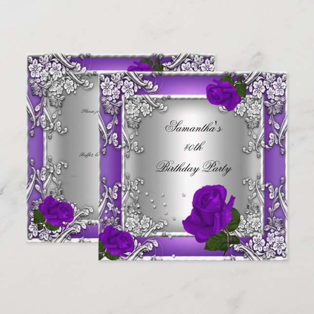Invitation Elégante fête de 40e anniversaire Rose violet arge (Devant / Derrière)