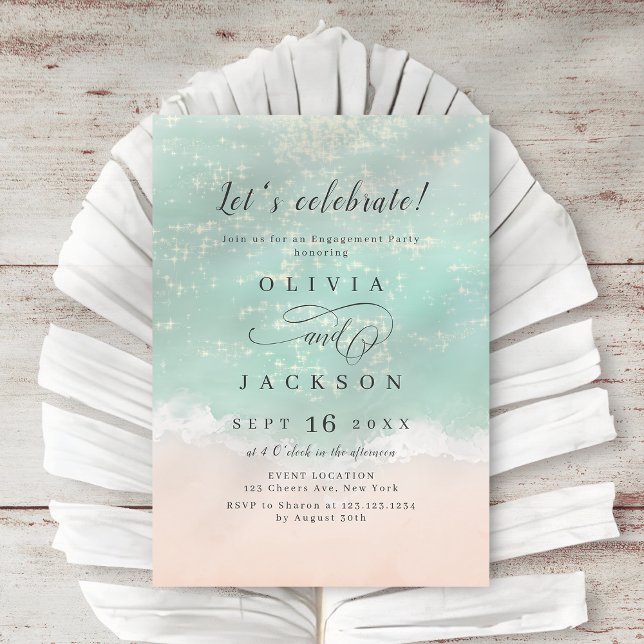 Invitation Élégante fête de fiançailles de plage océanique pé (Elegant sparkling ocean beach engagement party invitation)