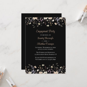 Invitation Élégante Fête de Fiançailles Florale Sauvage Noire