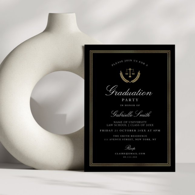 Invitation Élégante fête de fin d'études de droit noir et or (Créateur téléchargé)