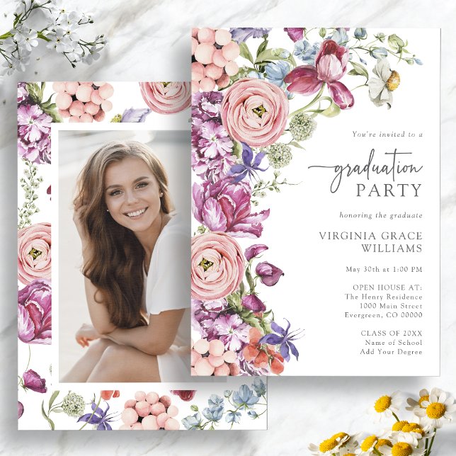Invitation Élégante fête de Fleur sauvage (Elegant Wildflower Graduation Party Invitation with Picture by Painted Paperie
)
