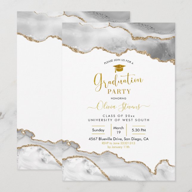 Invitation Élégante fête de graduation d'âge blanc et or (Devant / Derrière)
