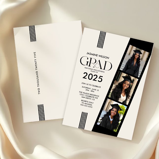 Invitation Élégante fête de graduation de la bande photo (Elegant 3 Photo Graduation Party Invitation)