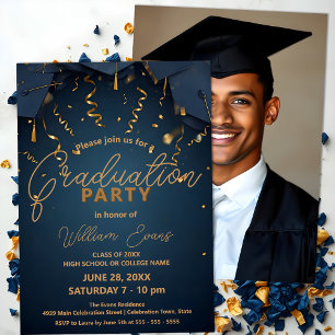 Invitation Élégante fête de graduation en bleu et or avec pho