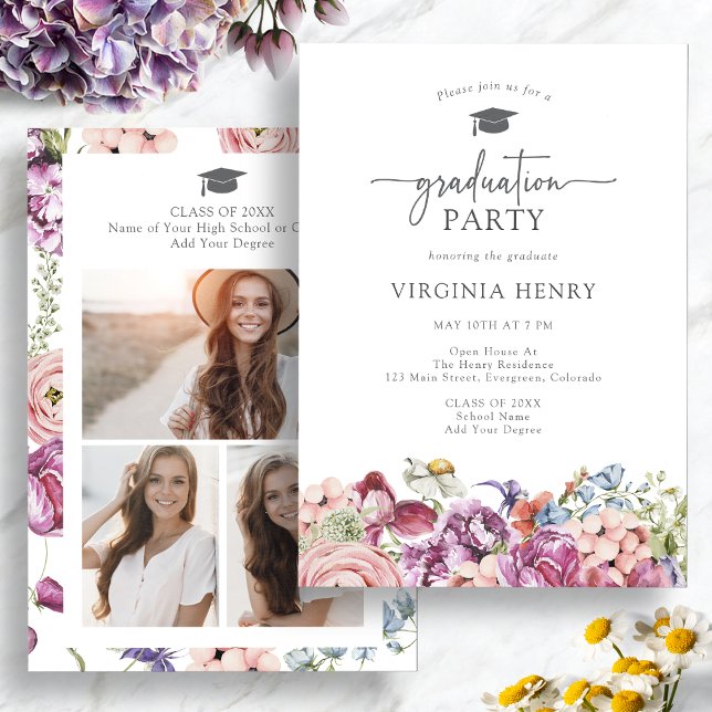 Invitation Élégante fête de graduation florale (Elegant Floral Watercolor Graduation Party Invitation with Pictures by Painted Paperie
)