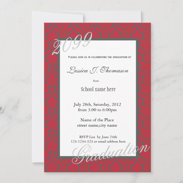 Invitation Élégante fête de graduation rouge damassé (Devant)