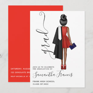 Invitation Élégante Fête de Graduation Rouge, Noir et Blanc