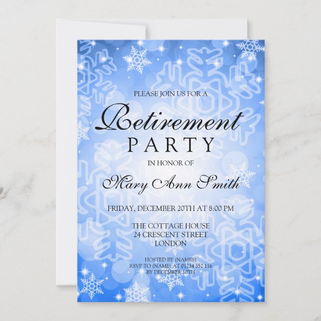 Invitation Élégante fête de la retraite Bleu Bokeh d'hiver (Devant)