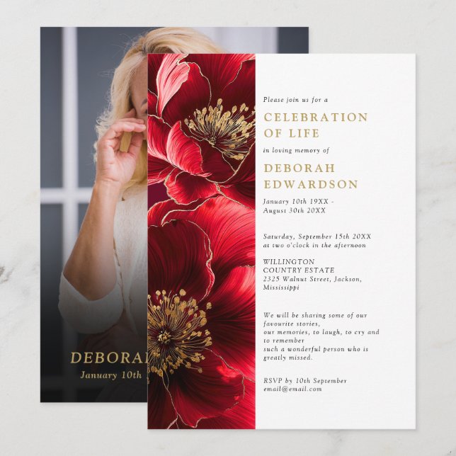 Invitation Élégante Fête De La Vie Florale Rouge Photo (Devant / Derrière)