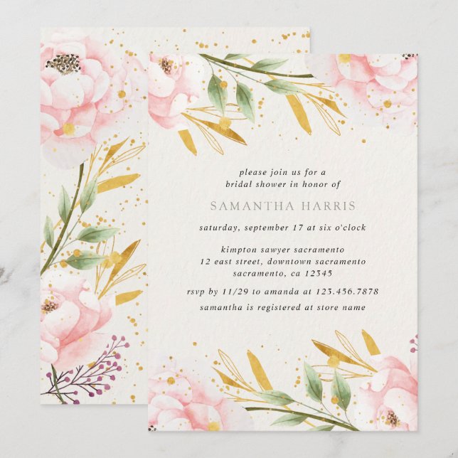 Invitation Elégante Fête de l'mariée Aquarelle Rose Et Or (Devant / Derrière)