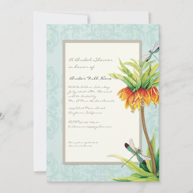 Invitation Élégante Fête de l'mariée florale de la libellule  (Devant)