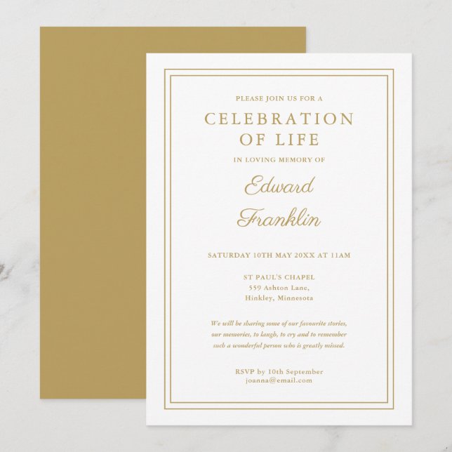 Invitation Élégante Fête De L'Or Moderne De La Vie Funéraire (Devant / Derrière)