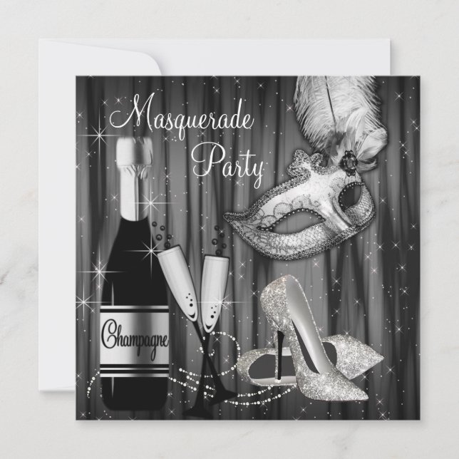 Invitation Élégante fête de mascarade noire blanche (Devant)