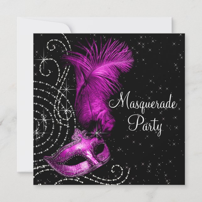 Invitation Élégante fête de mascarade noire et rose chaud (Devant)
