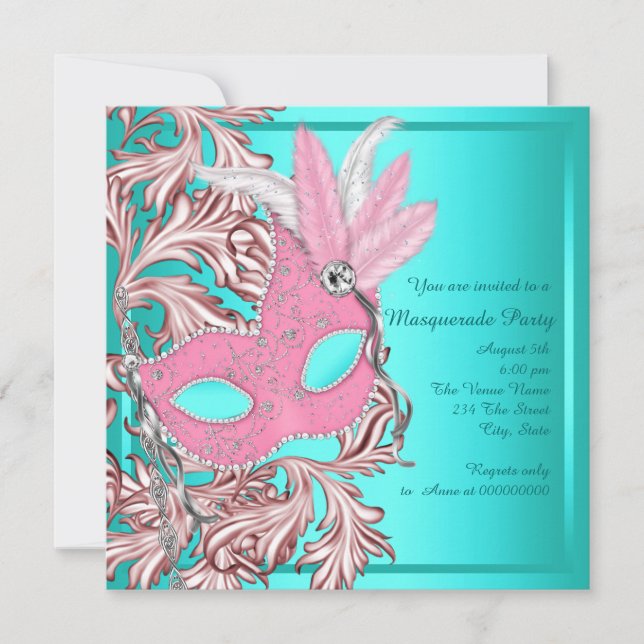 Invitation Élégante fête de mascarade rose et bleu Turquoise (Devant)