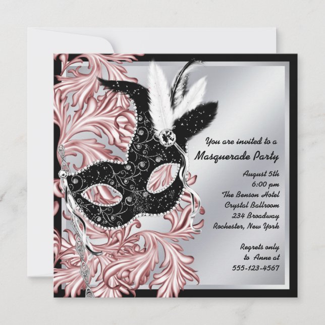 Invitation Élégante fête de mascarade rose noir (Devant)