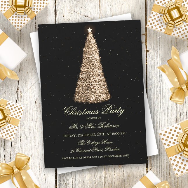 Invitation Élégante fête de Noël Arbre d'or Sparkle (Créateur téléchargé)