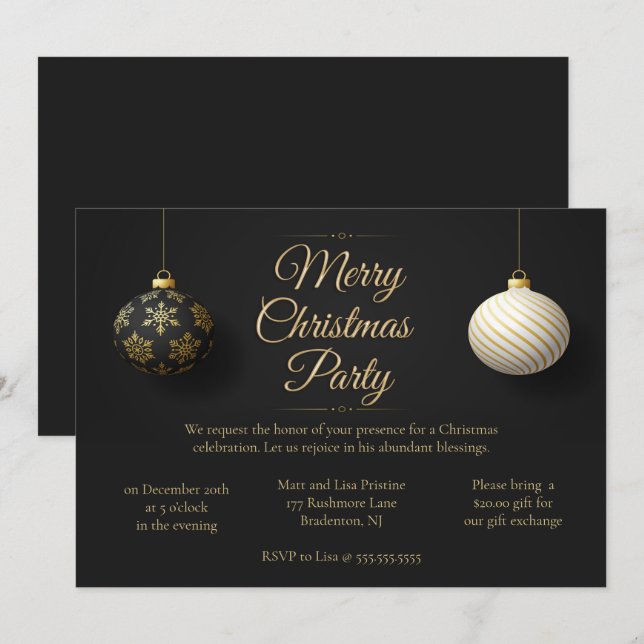 Invitation Élégante fête de Noël Black & Gold (Devant / Derrière)