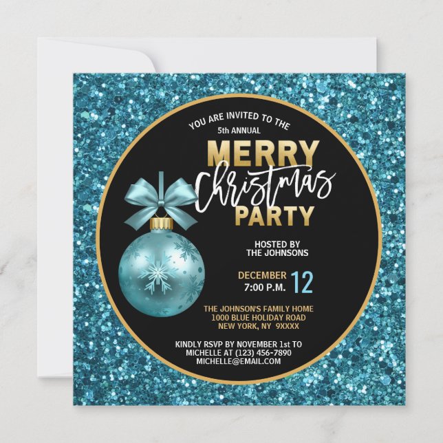 Invitation Élégante fête de Noël Black Gold Blue Parties scin (Devant)