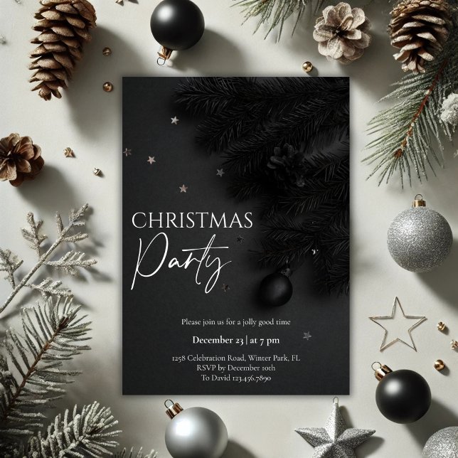 Invitation Élégante fête de Noël botanique noire (Black Botanical Modern Christmas Party Invitation)