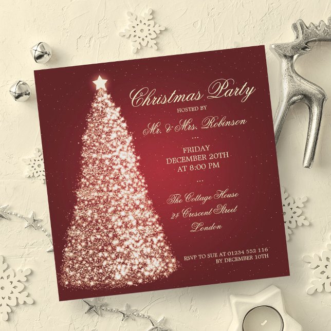 Invitation Élégante fête de Noël Gold Tree Red (Elegant Christmas Party Gold Tree Red Invitation)