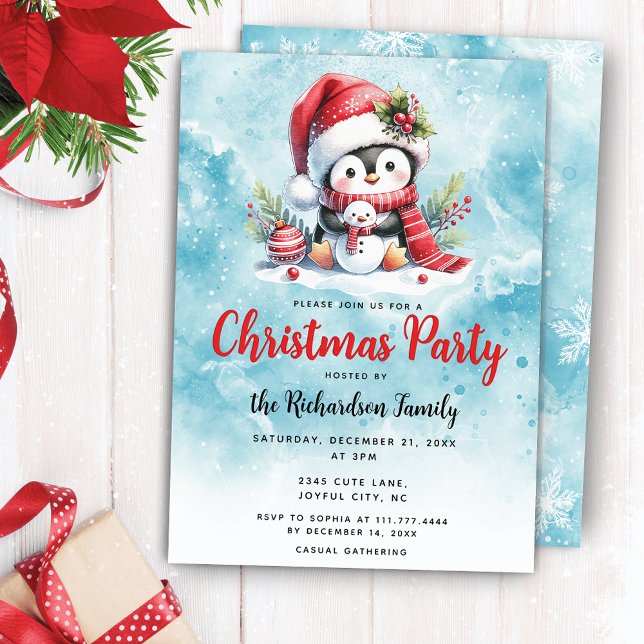 Invitation Élégante fête de Noël mignonne Penguin Bleu Noël (Créateur téléchargé)