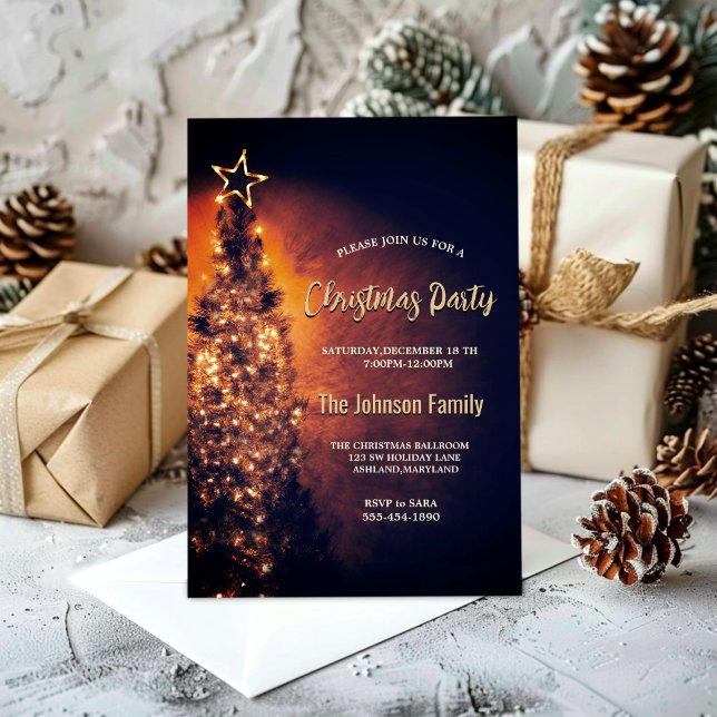 Invitation Élégante fête de Noël noire à l'arbre pétillant (Créateur téléchargé)