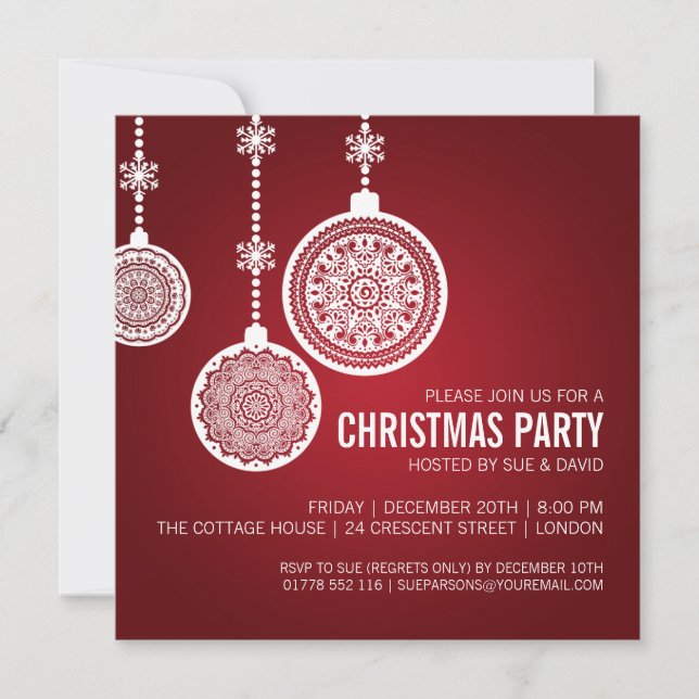 Invitation Élégante fête de Noël Ornements Rouge (Devant)