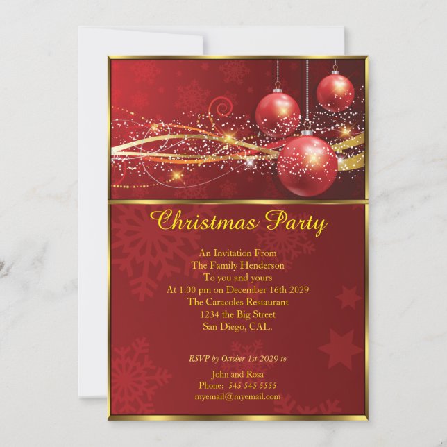 Invitation Élégante fête de Noël Rouge Baubles or (Devant)