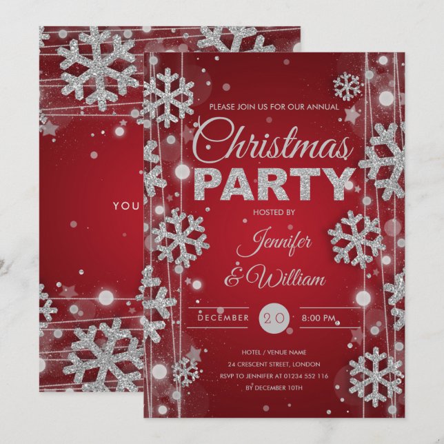 Invitation Élégante fête de Noël Silver Red Winter Glam (Devant / Derrière)
