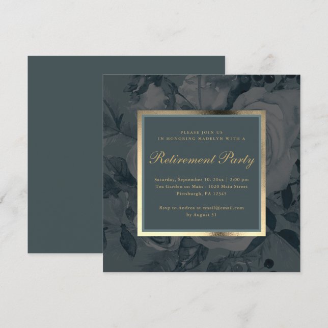 Invitation Élégante fête de retraite florale bleu gris foncé (Devant / Derrière)