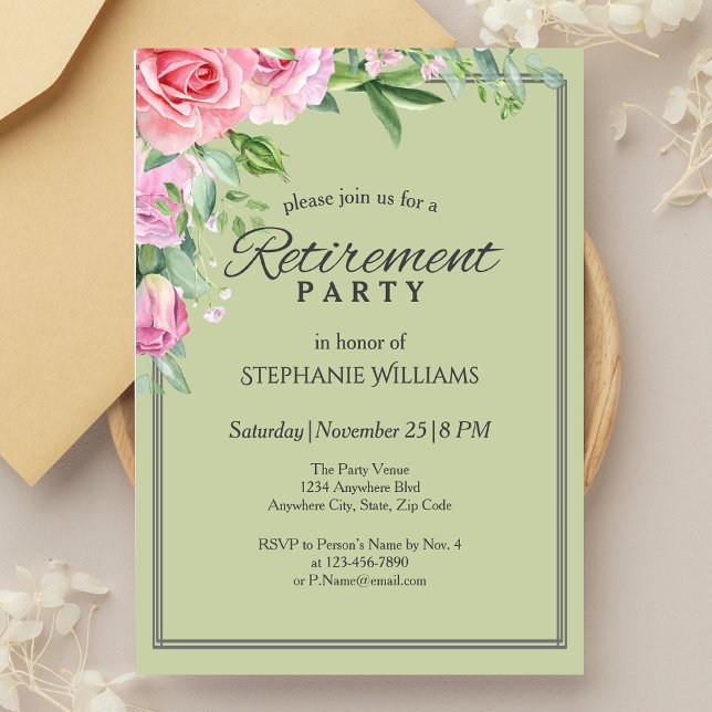 Invitation Élégante fête de retraite Pastel Green Flower (Créateur téléchargé)