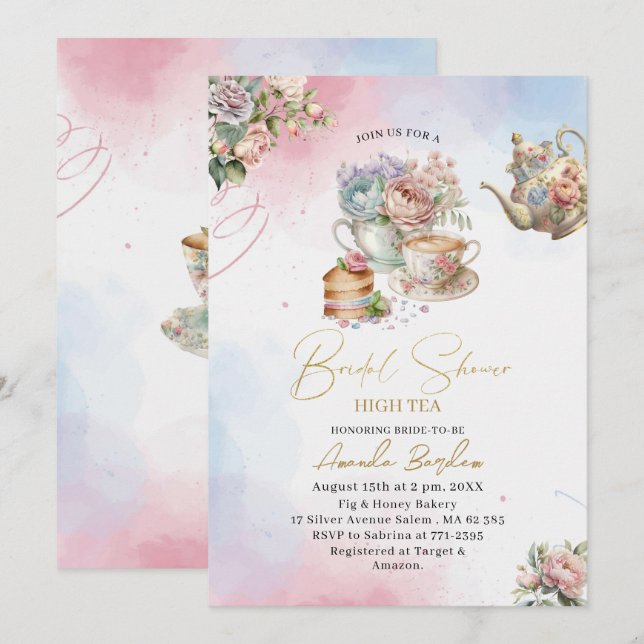 Invitation Elégante fête de thé aquarelle fille rose mariée o (Devant / Derrière)