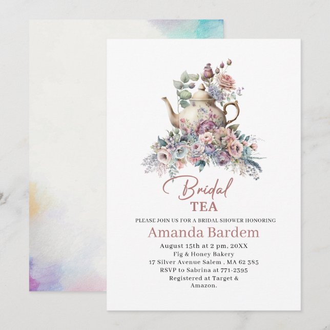 Invitation Elégante fête de thé aquarelle fille rose mariée o (Devant / Derrière)