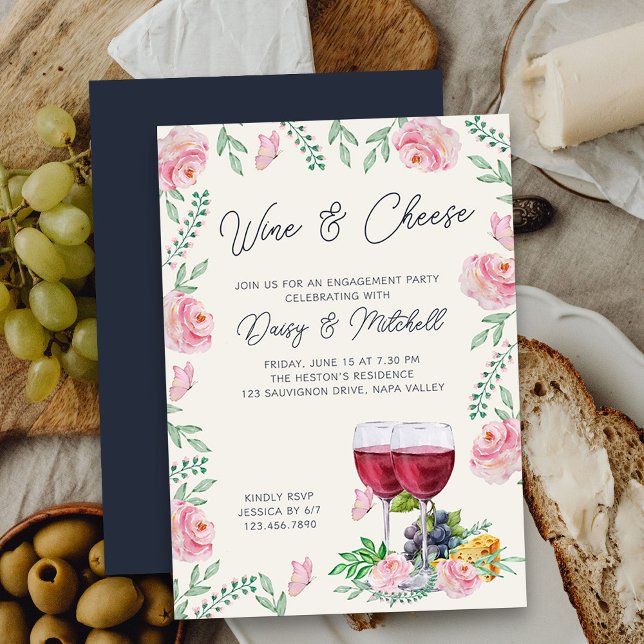 Invitation Elégante fête d'engagement floral au vin et au fro (Wine and Cheese Engagement Party Invitation - casual, elegant and pretty)