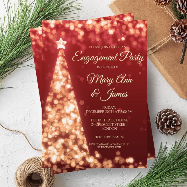 Invitation Élégante fête d'engagement Gold & Red Christmas (Elegant Gold & Red Christmas Engagement Party Invitation)