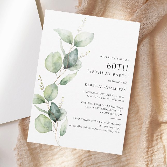 Invitation Élégante fête des Eucalyptus 60e anniversaire (Elegant Watetrcolor Eucalyptus 60th Birthday Party Invitation)