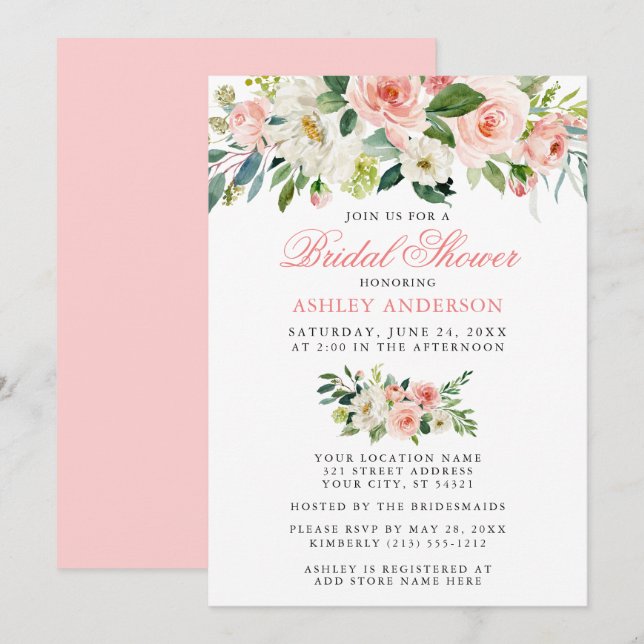 Invitation Elégante Fête des mariées Aquarelle Floral Rose (Devant / Derrière)