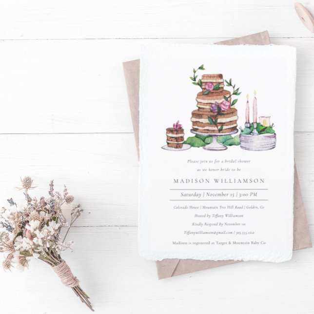 Invitation Elégante Fête des mariées Aquarelle Gâteau et Fleu (Créateur téléchargé)
