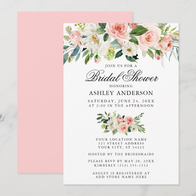 Invitation Elégante Fête des mariées Aquarelle rose Floral (Devant / Derrière)