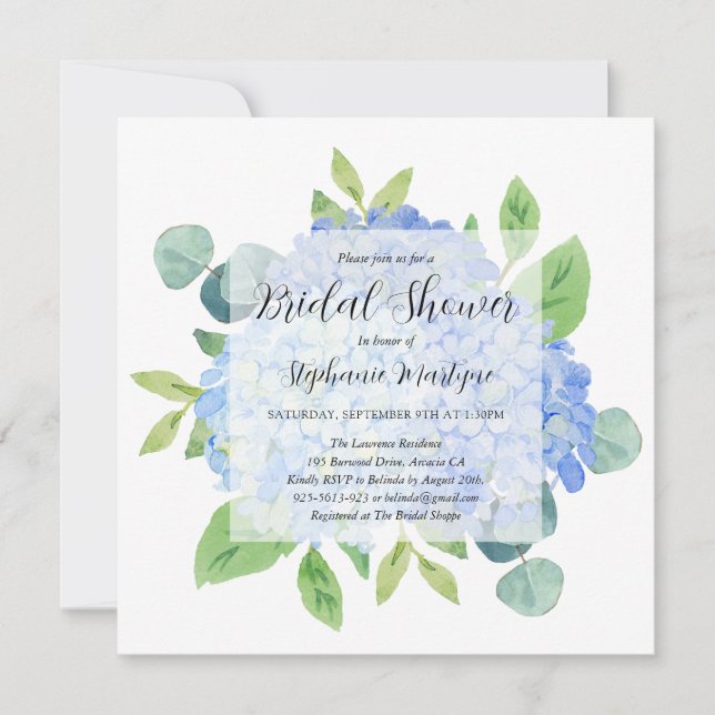 Invitation Elégante Fête des mariées Blue Hydrangea Eucalyptu (Devant)
