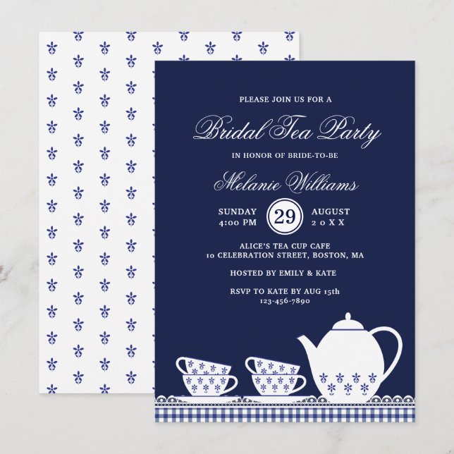 Invitation Elégante Fête des mariées Blue White Floral Tea Pa (Devant / Derrière)