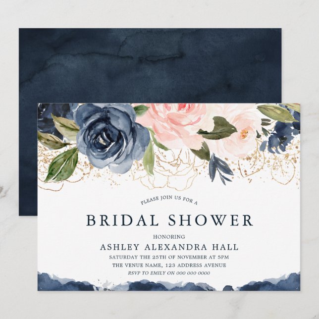 Invitation Elégante Fête des mariées blush de la Marine d'or (Devant / Derrière)