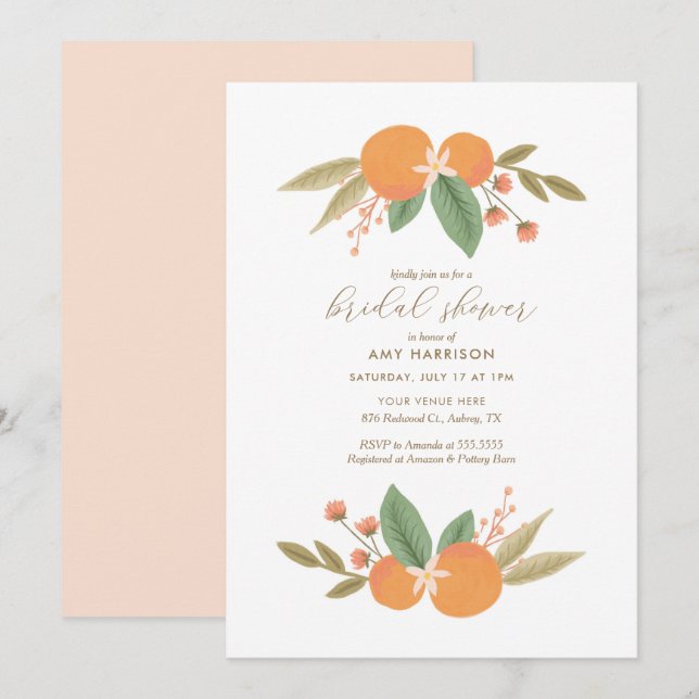 Invitation Élégante Fête des mariées d'agrumes floraux orange (Devant / Derrière)