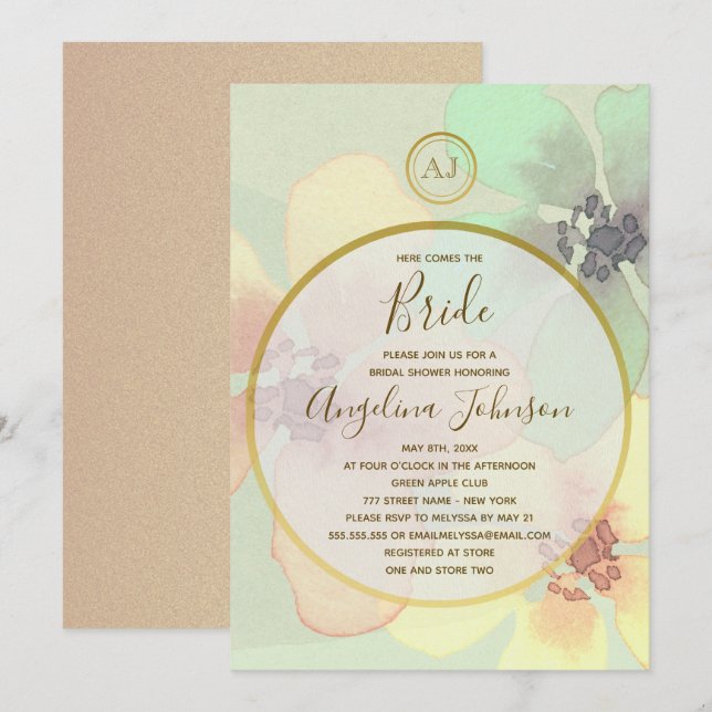 Invitation Elégante Fête des mariées d'aquarelle d'été du pri (Devant / Derrière)