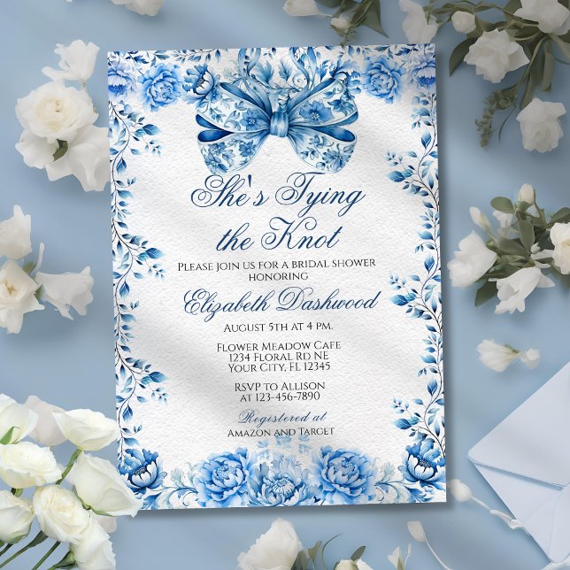 Invitation Elégante Fête des mariées de Bow Floral Bleu Victo (Créateur téléchargé)