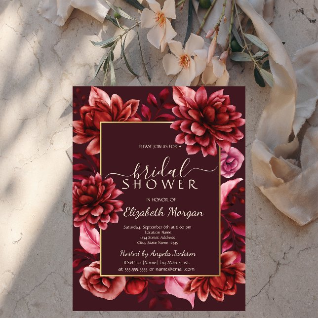 Invitation Elégante Fête des mariées de cadre de fleurs rouge (Créateur téléchargé)